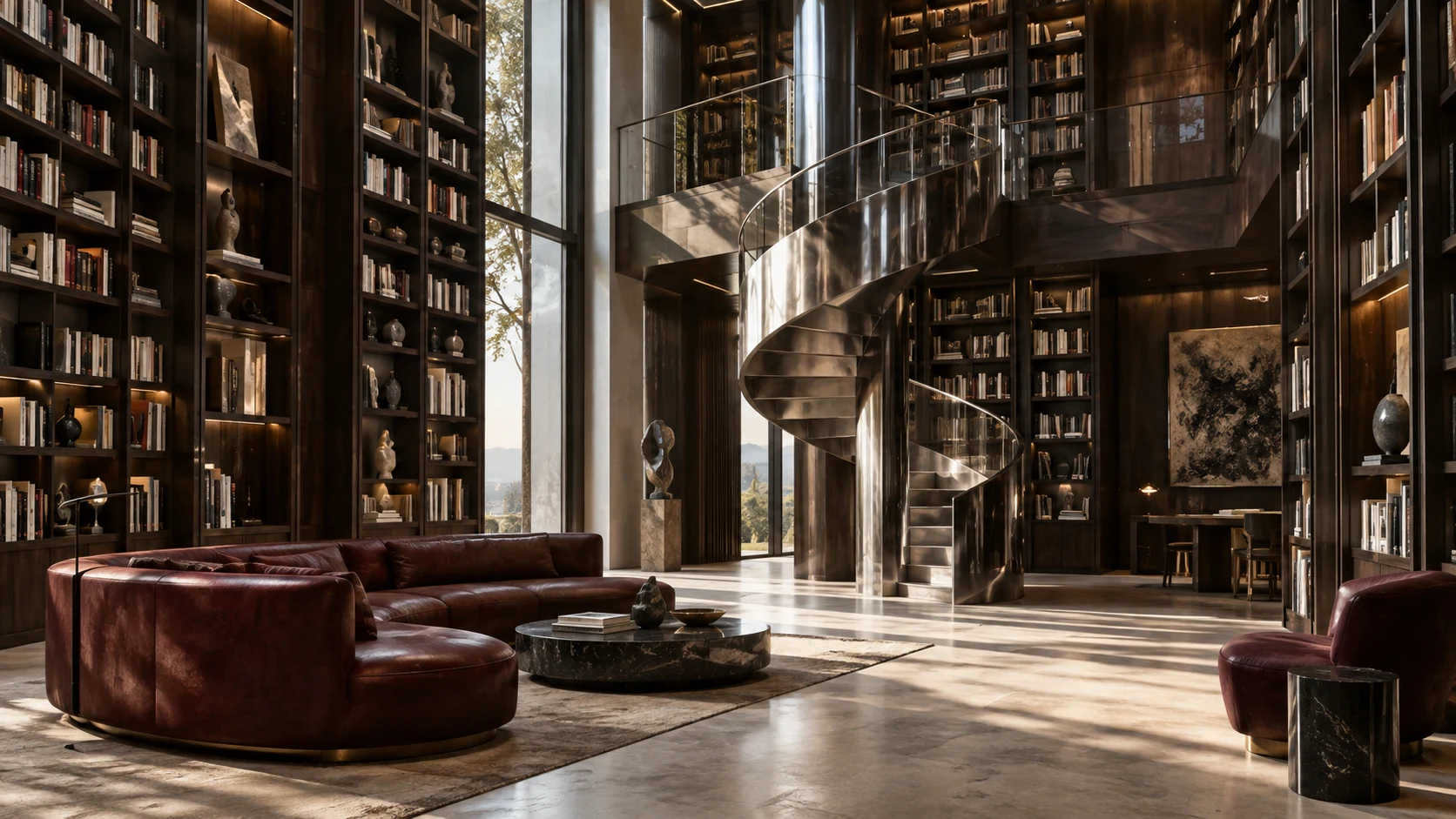 Concept double-height library with dark shelves, a metal staircase and burgundy seating