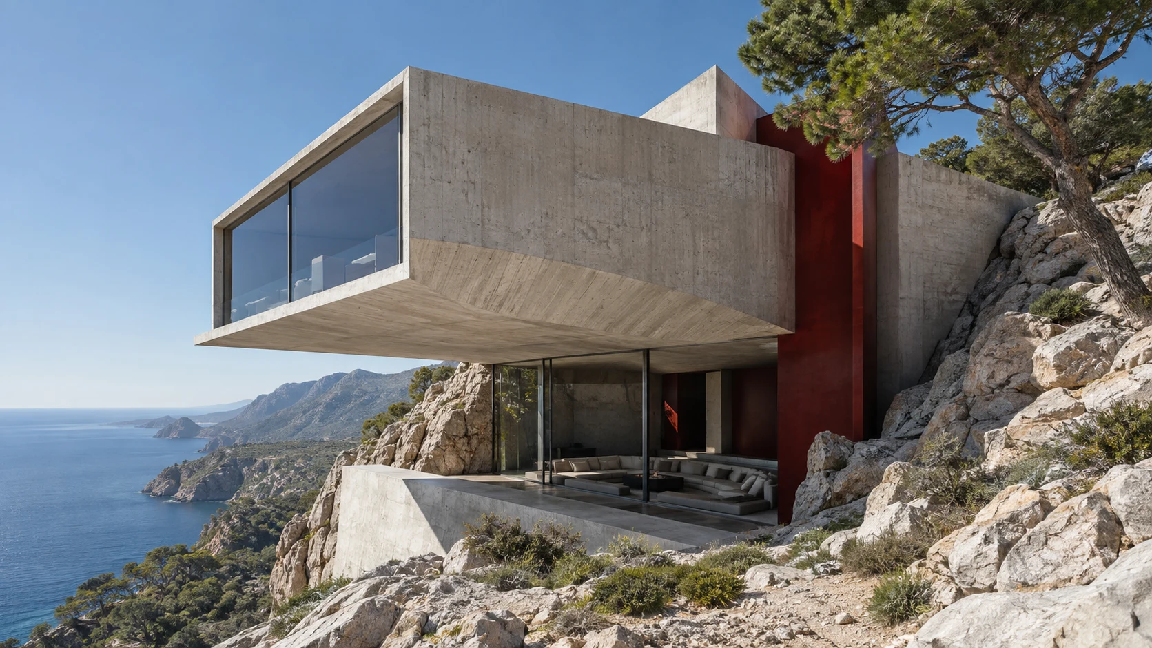 Concept concrete house embedded in rock with a red lightwell and expansive glazing