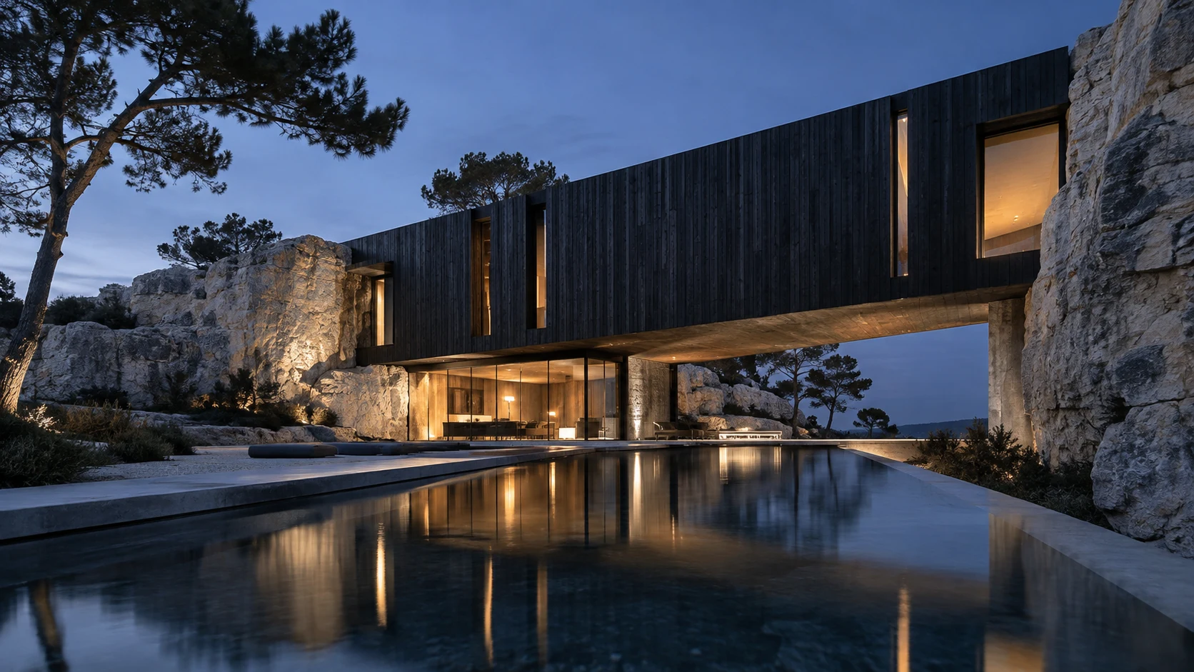Concept dark timber villa bridging stone walls beside a reflecting pool at dusk