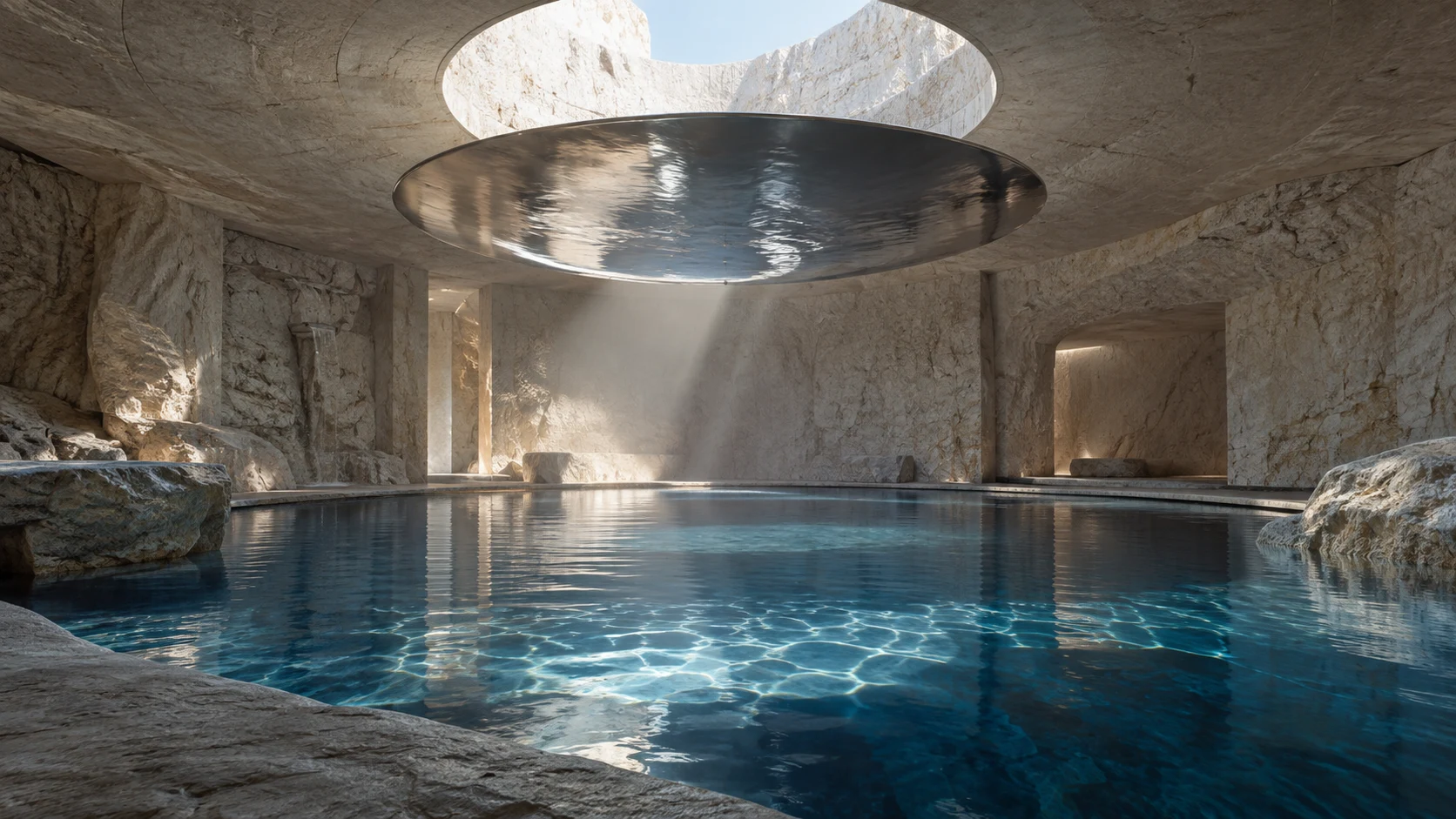 Concept limestone bath with a circular roof opening, suspended steel disc and blue water