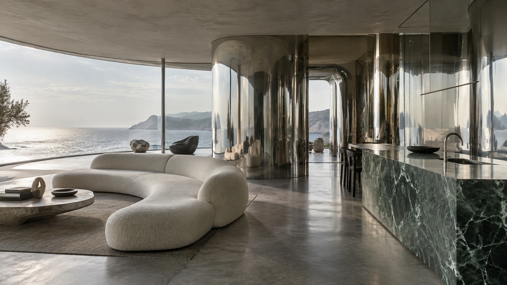 Concept penthouse with reflective curved steel walls, a sculptural sofa and green marble kitchen