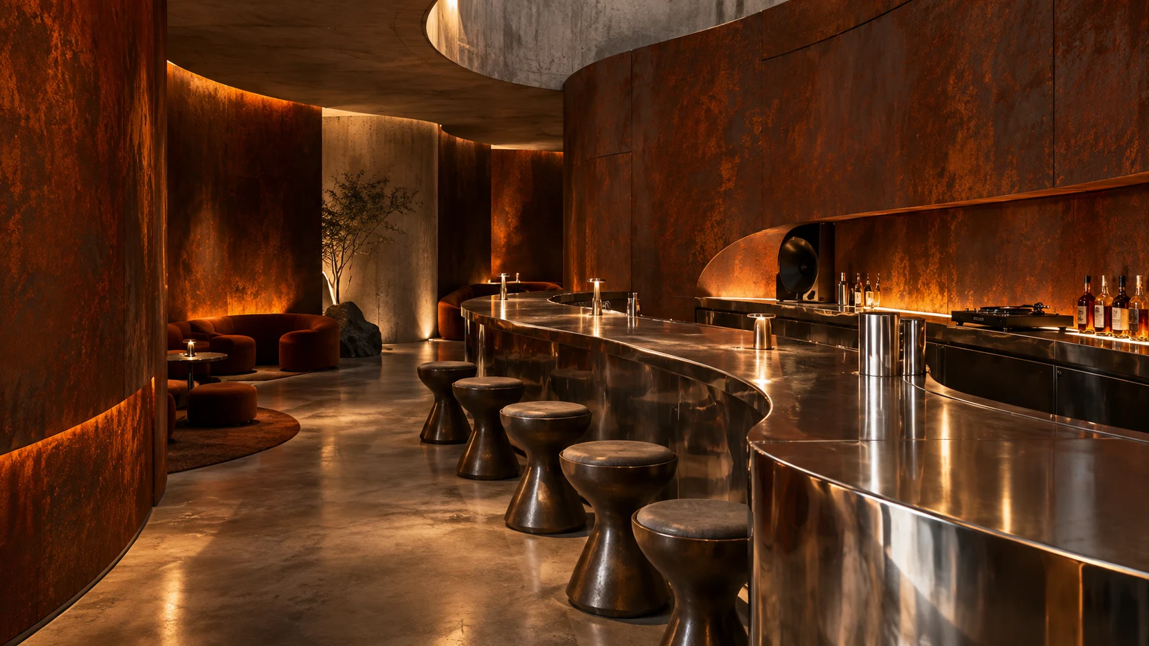 Concept listening bar with curved weathering-steel walls, reflective metal counter and warm lighting