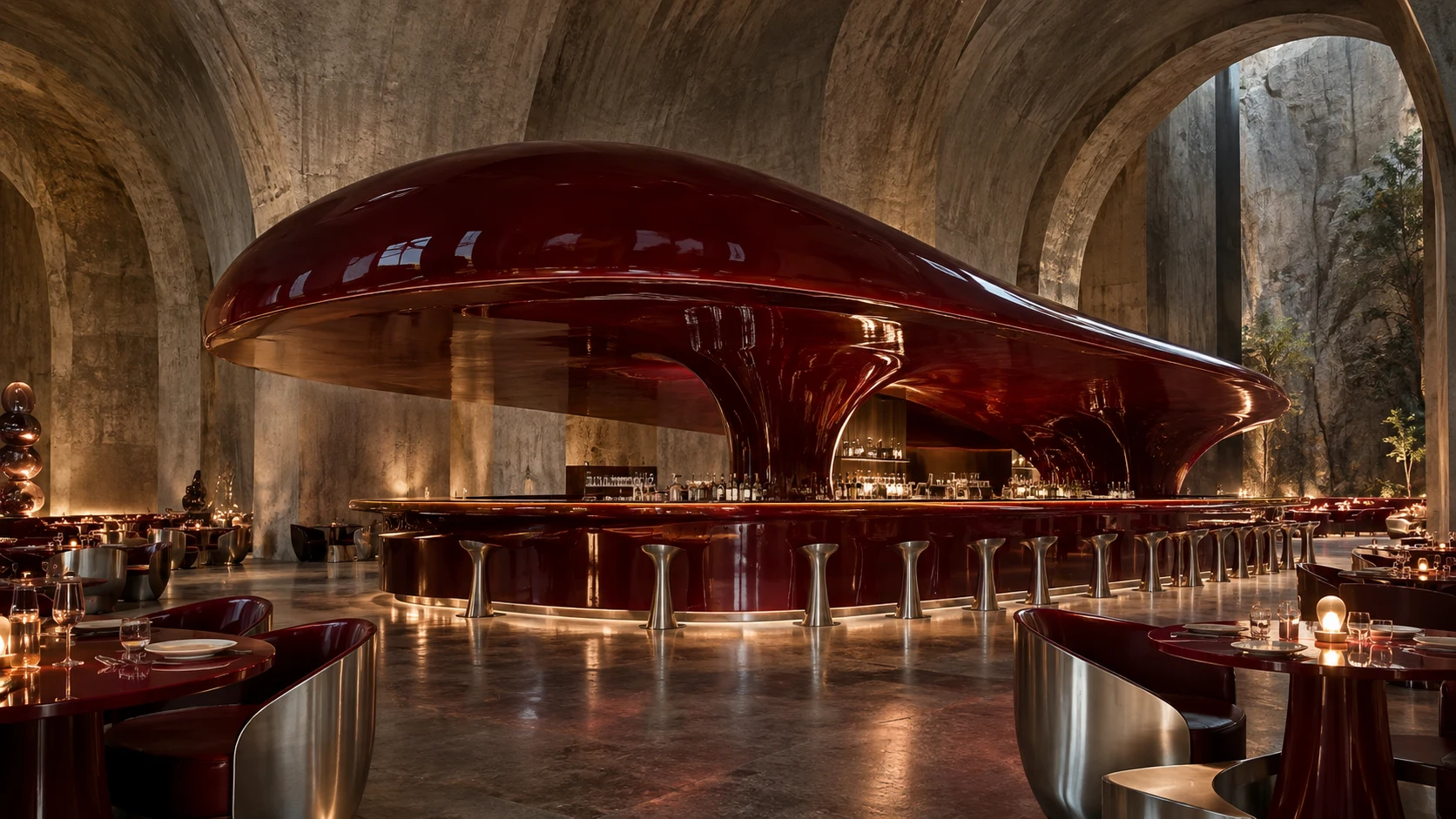 Concept restaurant with a glossy red sculptural bar beneath a concrete vault