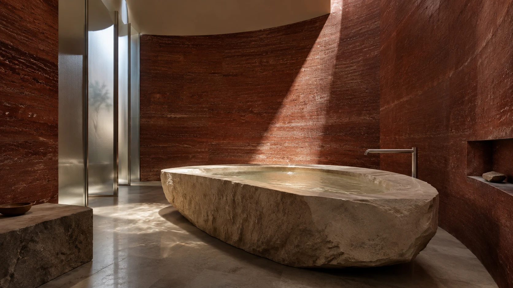 Concept spa with red travertine walls, a monolithic stone bath and a beam of sunlight