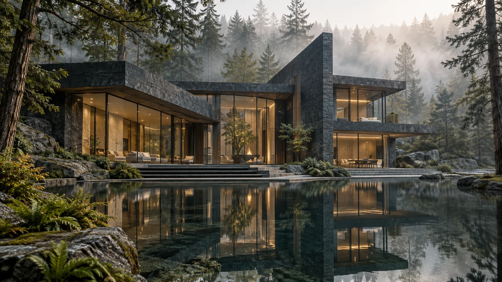 Villa Bruma. A dark horizontal house in the mist.