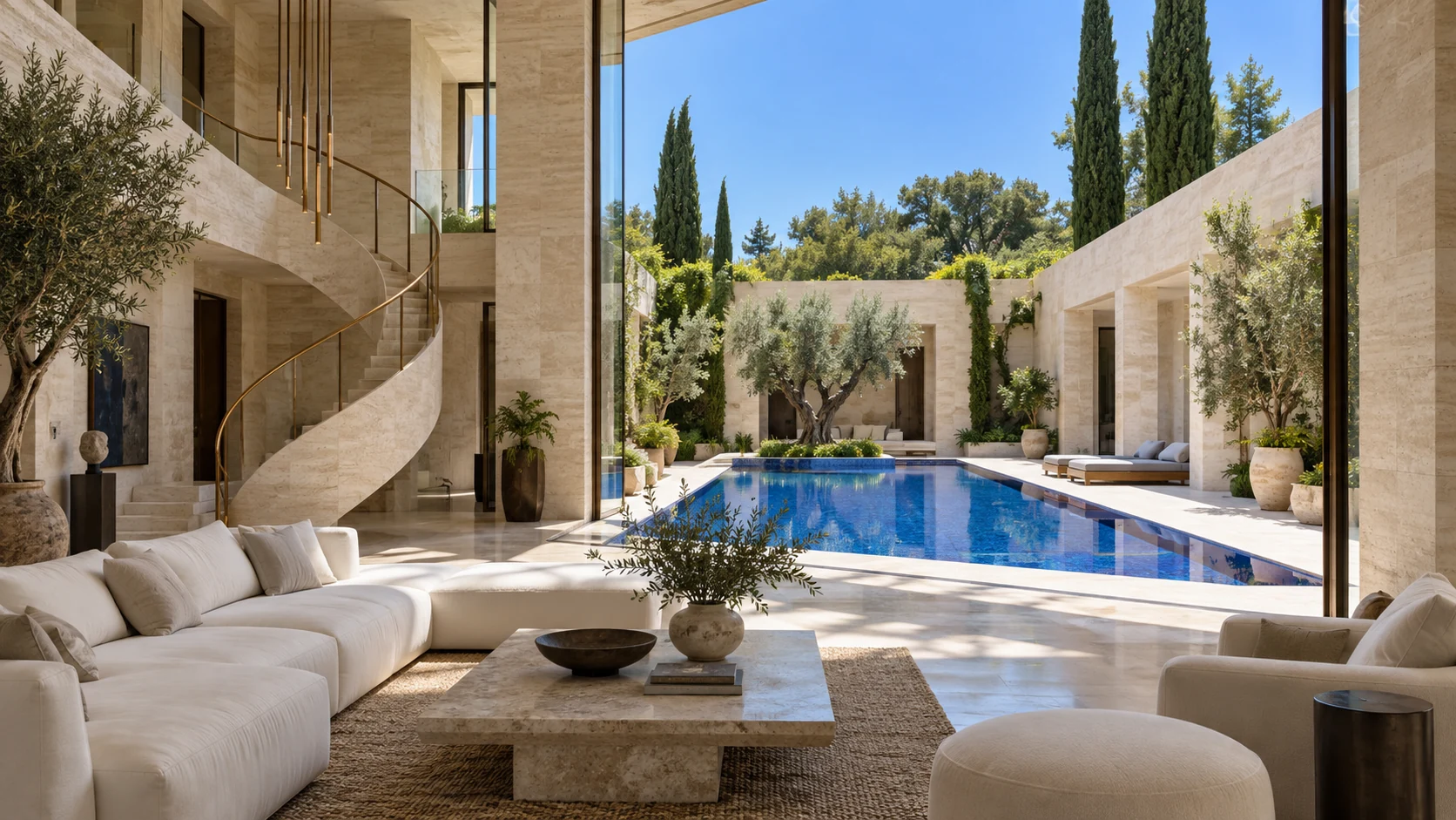 Villa Cobalto. A cobalt courtyard carved into pale stone.