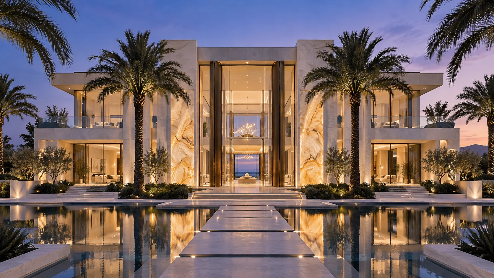 Villa Eira. An illuminated façade of white stone and onyx.