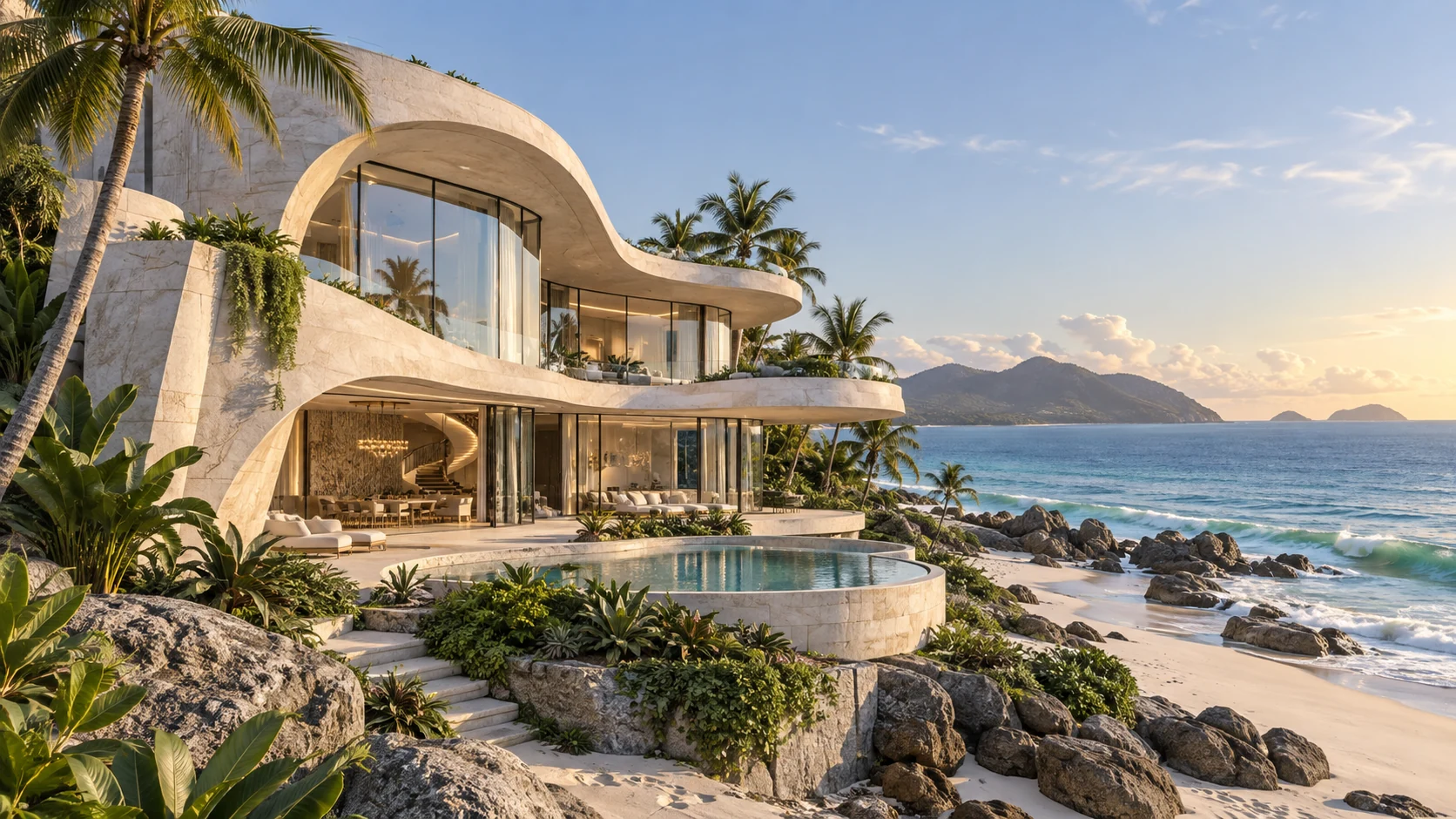 Villa Nacre. Soft terraces above a tropical shoreline.