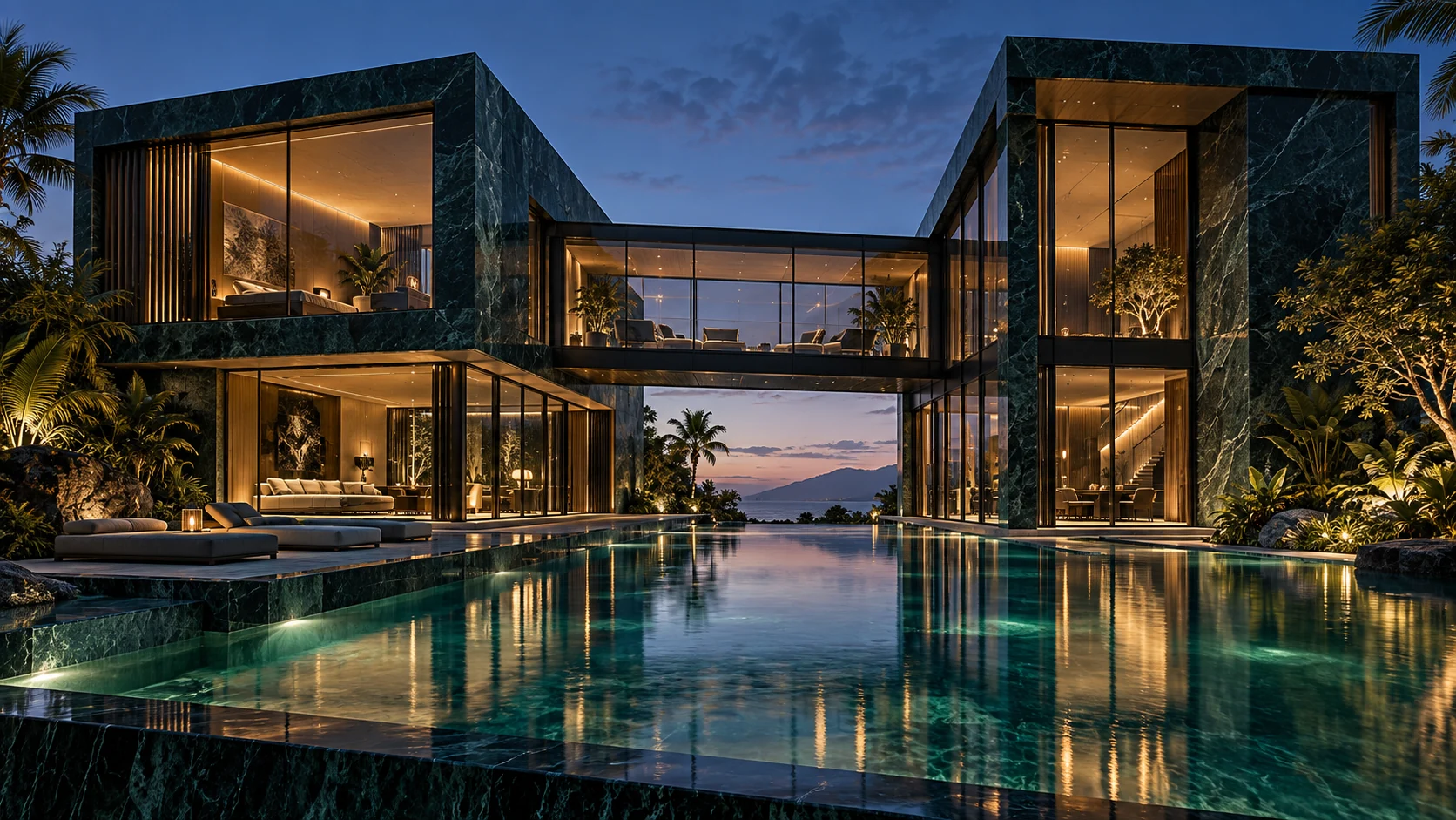 Villa Prisma. A glass bridge suspended over blue water.