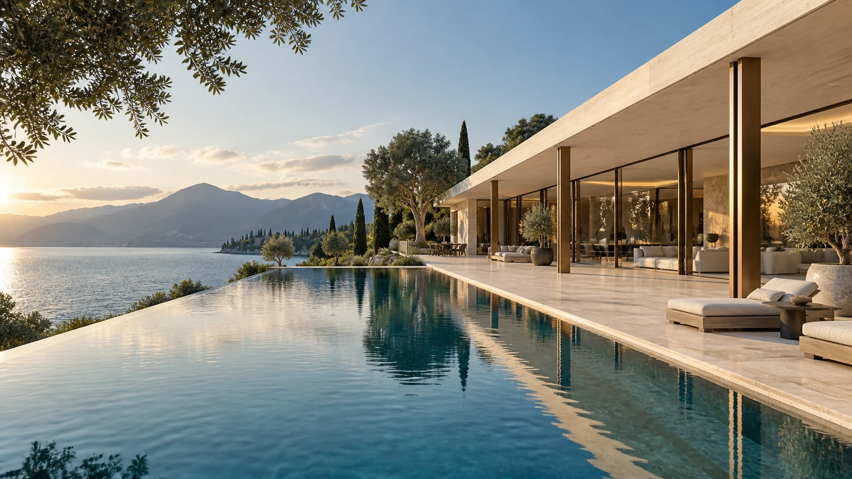 Villa Riva. One long terrace meeting the water.