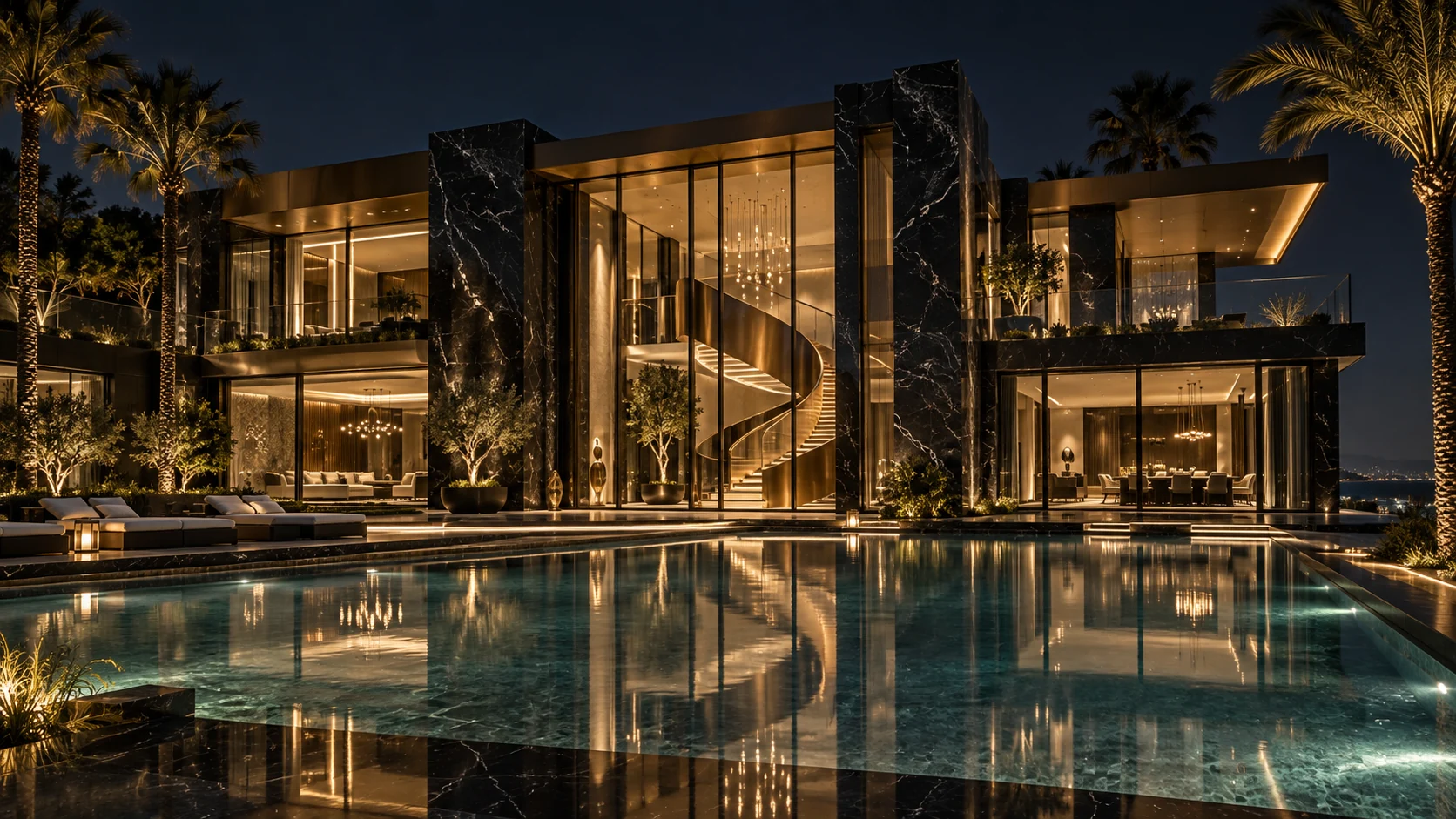 Villa Umbra. Black marble, bronze and a warm interior glow.