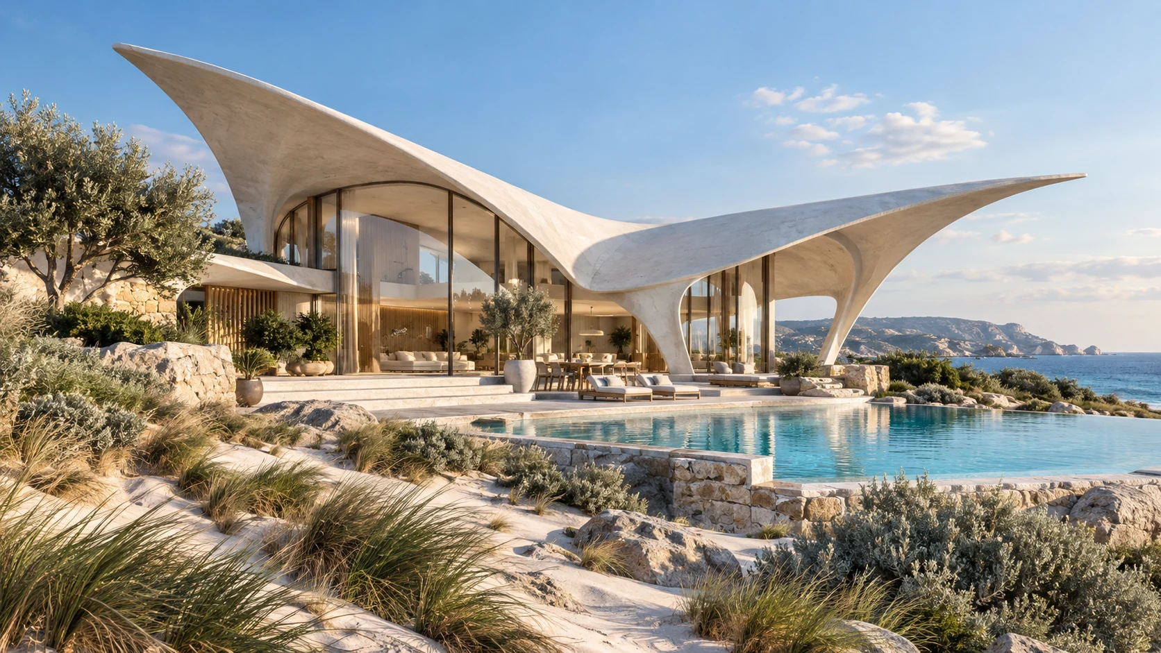 Villa Velaria. Thin concrete sails above a glass horizon.